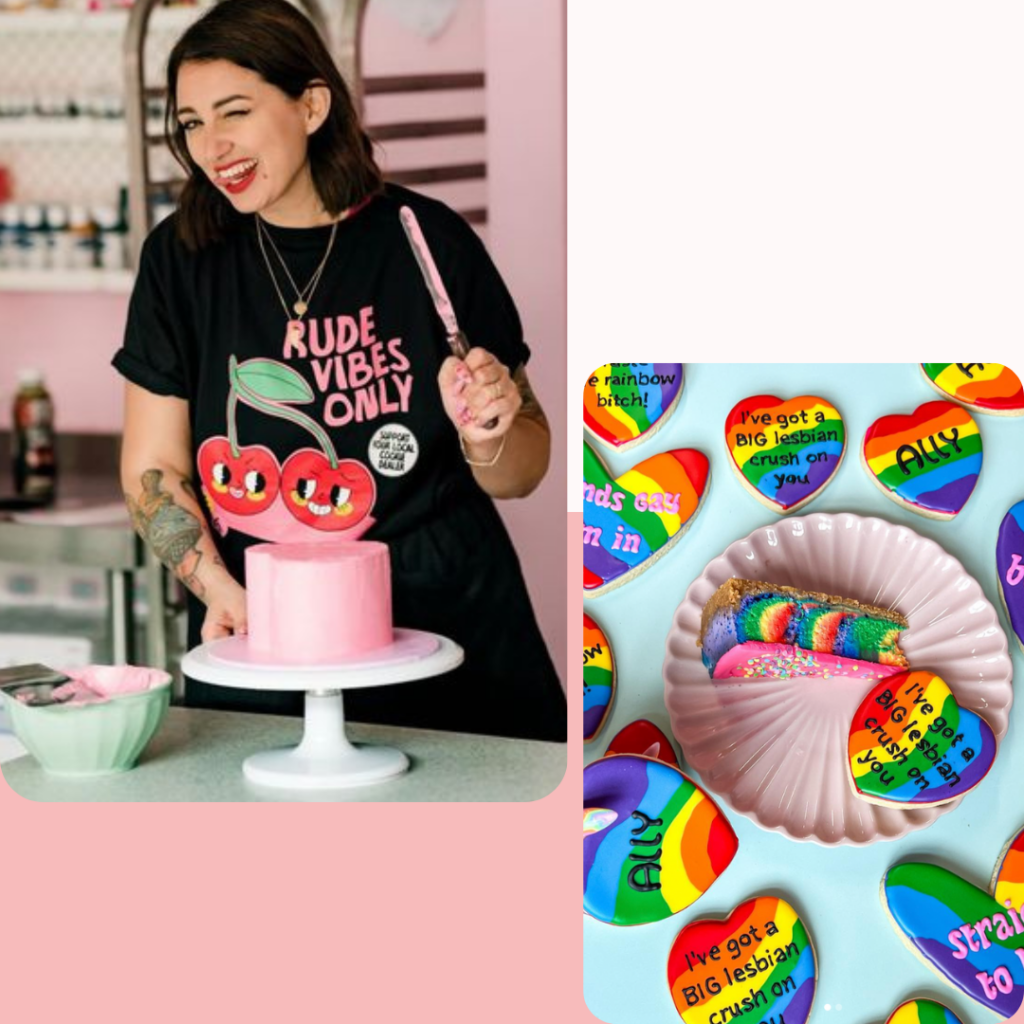 Owner wearing Rude Cookies shirt and Collection of LGBTQI+ Slogan Cookies