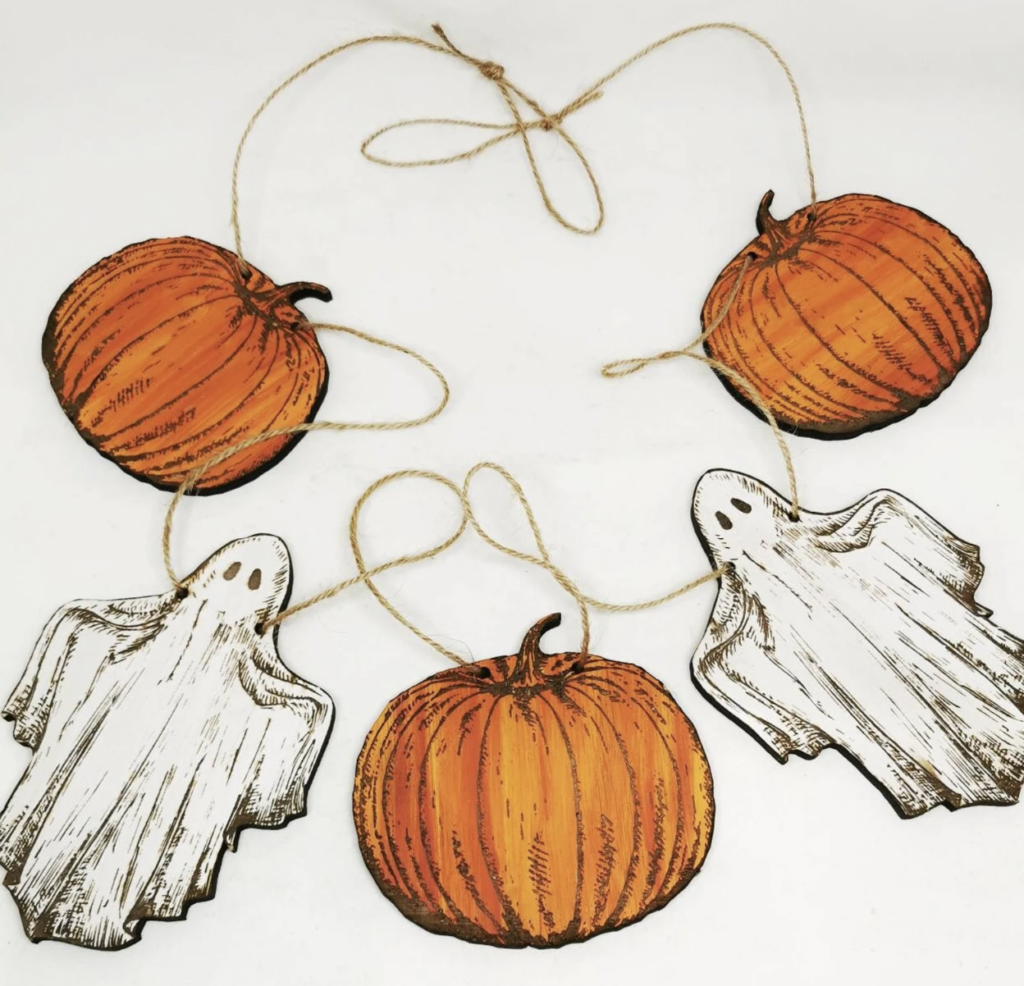 Wooden pumpkin and ghost garland