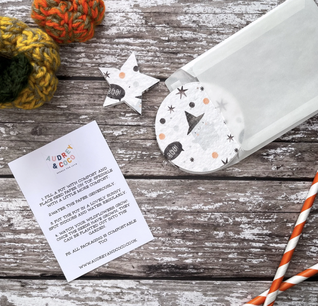 Party Favours with halloween prints and instructions for seeds